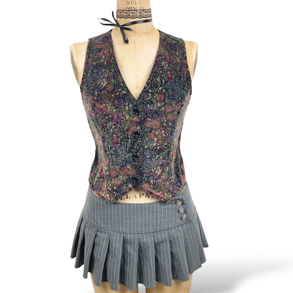 Vintage ILGWU Union Made Velvet Vest Floral Button Down 1970's Retro Boho Size S